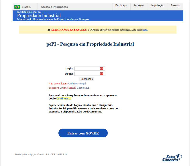 Página oficial para consultar marca no INPI